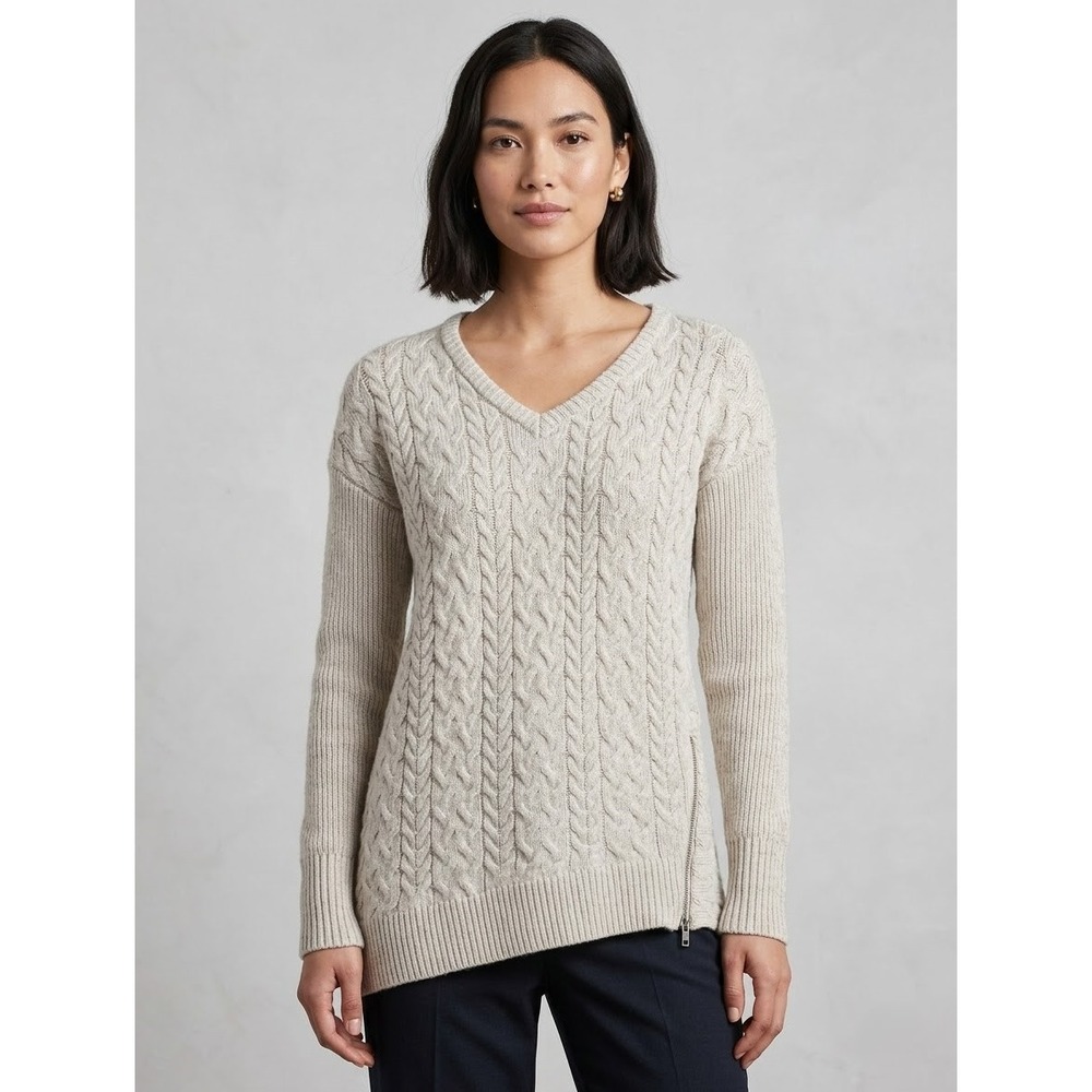 Athleta Sweater Womens Small‎ Cream Cable Knit V-Neck Side Zip Asymmetrical Hem